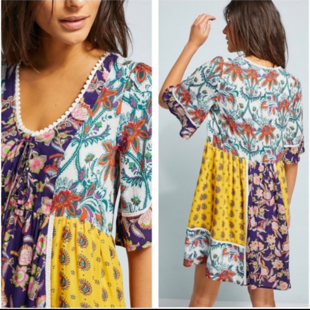 Anthropologie Lilka Multicolor Patchwork Trapeze Mini Dress